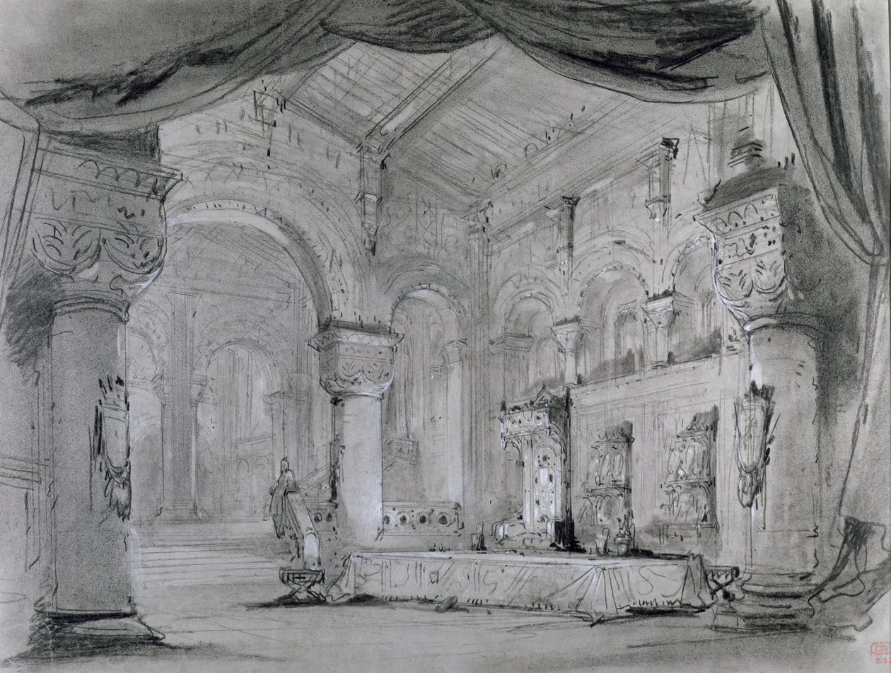 Diseño de escenario del interior del palacio para una representación de la ópera 