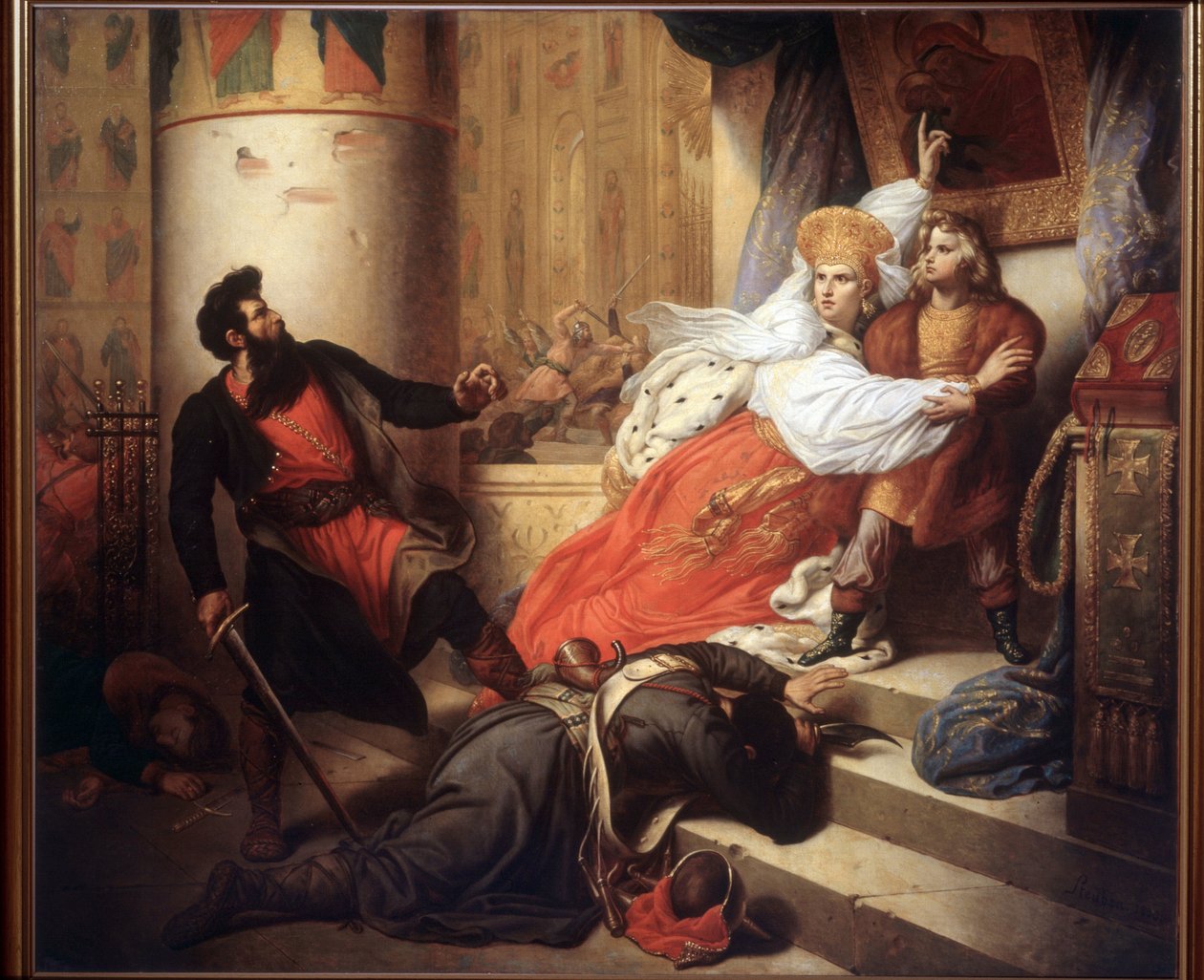 La Madre (Nathalie Narychkine, Natalia Narychkina) (1651-1694) rescatando a Pedro I de Rusia (o Pedro el Grande), cuando era niño, durante el Levantamiento de Streltsy (strelets) en 1682 (La Madre rescató a Pedro I de niño durante el Streltsy Levantamiento de Charles Auguste Steuben