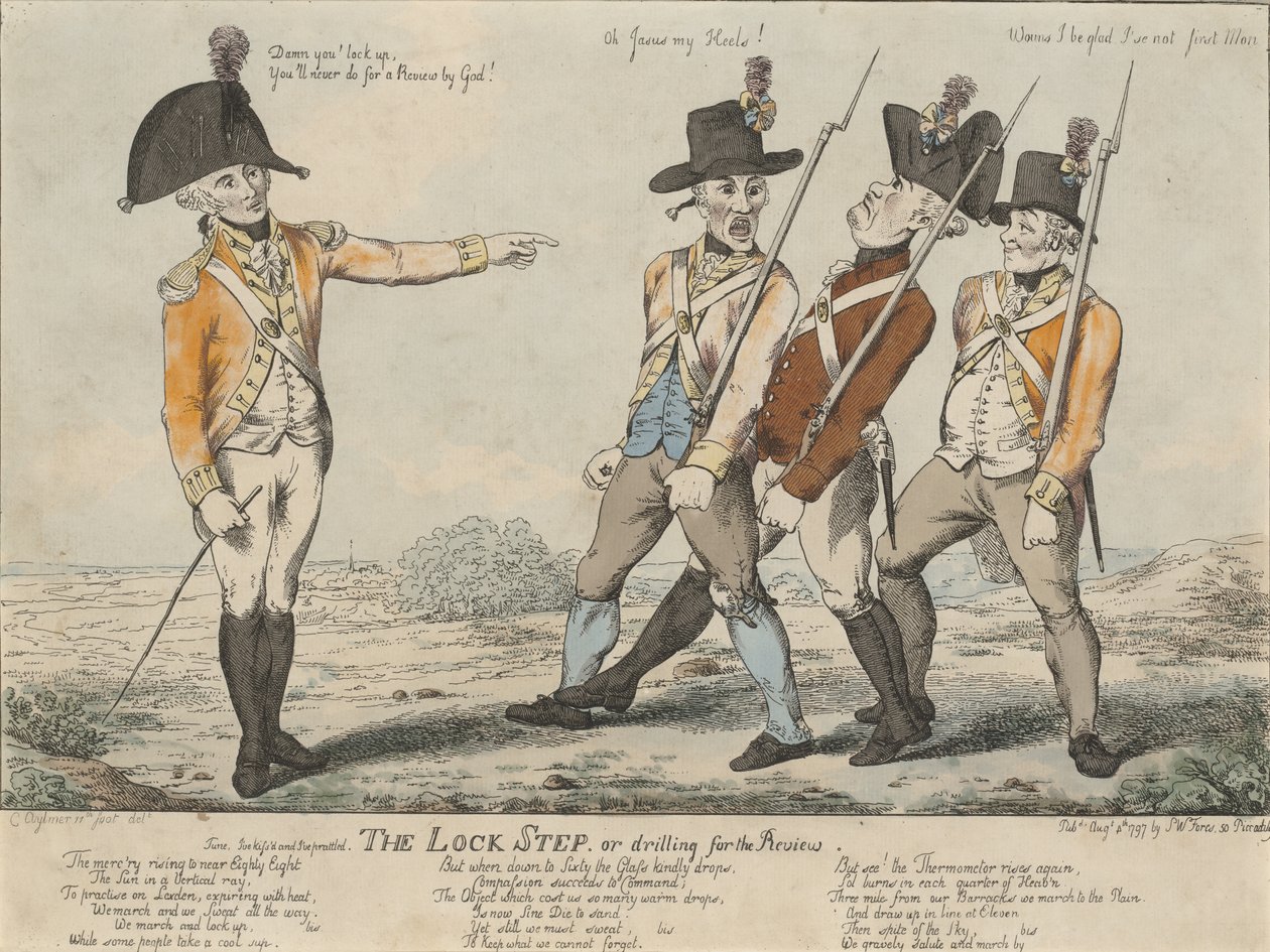 El paso de bloqueo, o entrenamiento para la revisión, 1797 (grabado coloreado) de Charles Aylmer