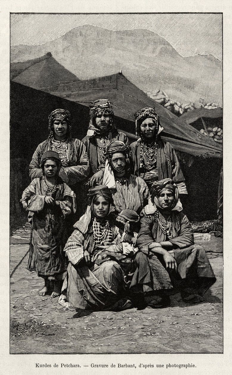 Kurdos de Petchara (Turquía). Grabado por Barbant para ilustrar la historia "A través de la Armenia rusa, Karabagh, valle del Araxe, macizo del Ararat" por Madame B.Chantre, en Le tour du Monde 1892, dirigido por Edouard Charton (1807-1891), Hachette, Parí de Charles Barbant