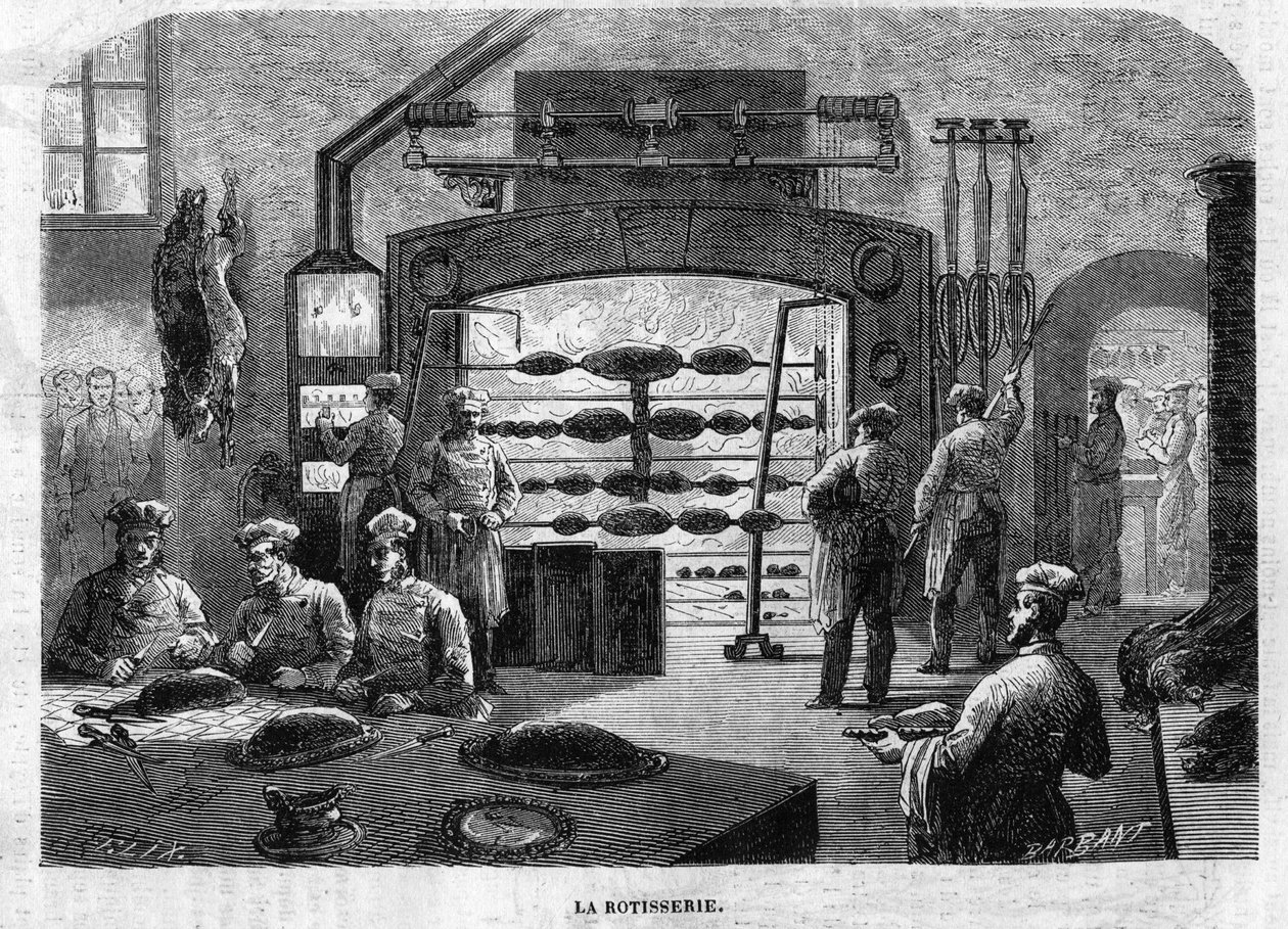 La Rotisserie de las cocinas del Palacio de las Tullerías, en 1864. Grabado de F. Lix y Barbant de un dibujo de Moullin. de Charles Barbant