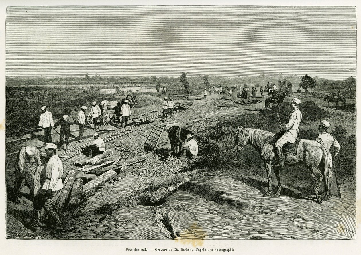 Tendido de los rieles transcaspianos. Grabado por Ch. Barbant para ilustrar la historia Viaje a Merv, por Edgar Boulanger, en le tour du monde 1887, dirigido por Edouard Charton (1807-1890), Hachette, París de Charles Barbant