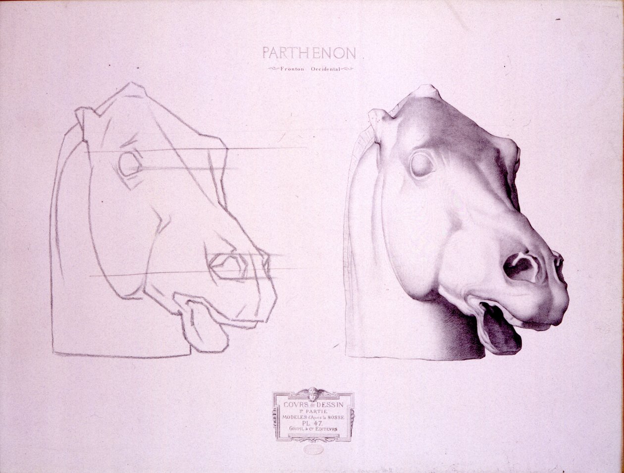 Cabeza de caballo del frontón oeste del Partenón, lámina 47 de Cours de Dessin, c.1898 de Charles Bargue