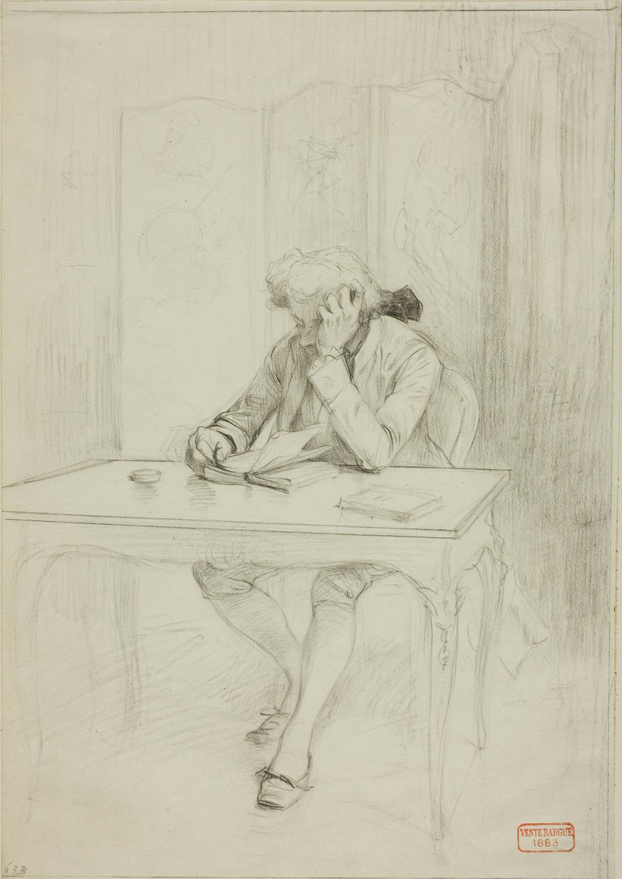 Hombre vestido a la usanza del siglo XVIII, sentado a la mesa y leyendo de Charles Bargue