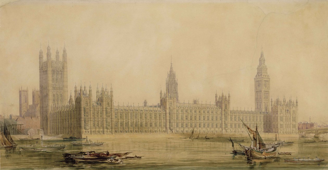 Vista en perspectiva de las nuevas Casas del Parlamento, c.1840s de Charles Barry