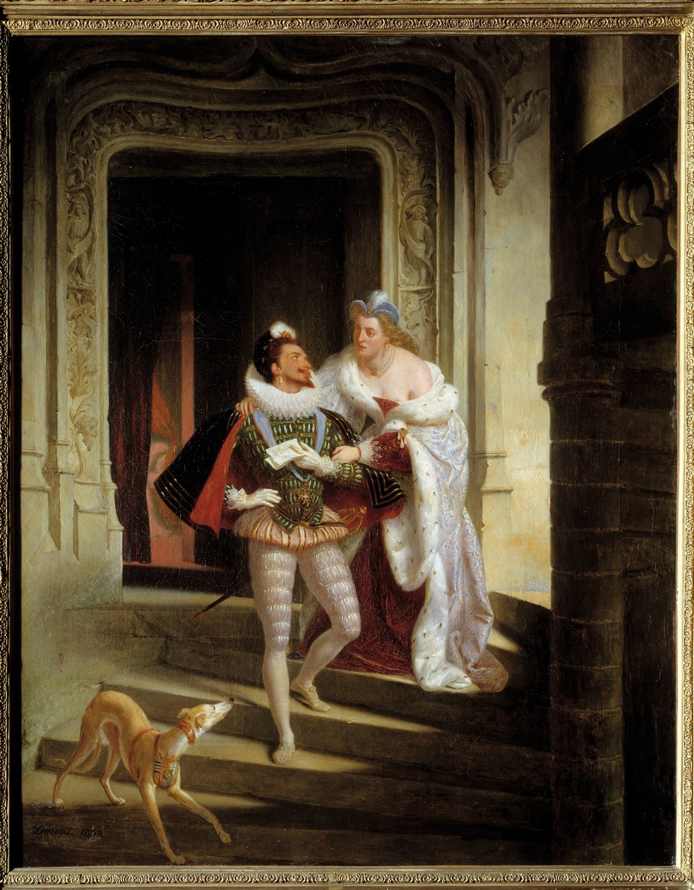 La marquesa de Noirmoutiers, Carlota de Beaune Semblancay (1551-1617), intenta desterrar a Enrique I de Lorena, duque de Guisa, llamado el Balafre (1550-1588) para acudir a la asamblea de los estados de Blois antes de su asesinato (1588) en el castillo de  de Charles Barthelemy Durupt