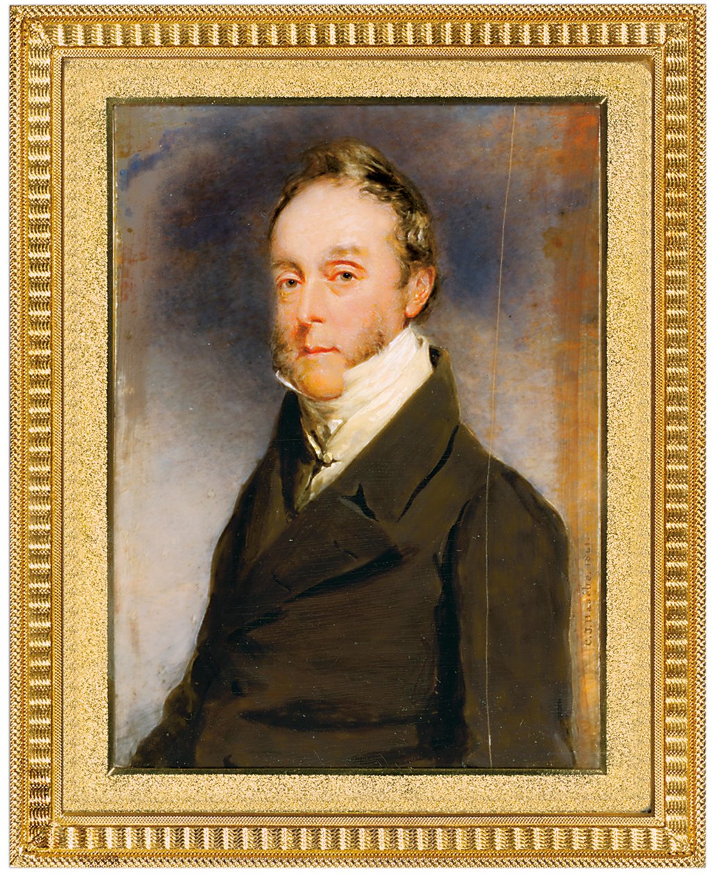 George Hay Hawkins Pennant con abrigo marrón, chaleco blanco y camisa blanca de cuello alto, Camden Town, Londres, 1864 de Charles Basebe