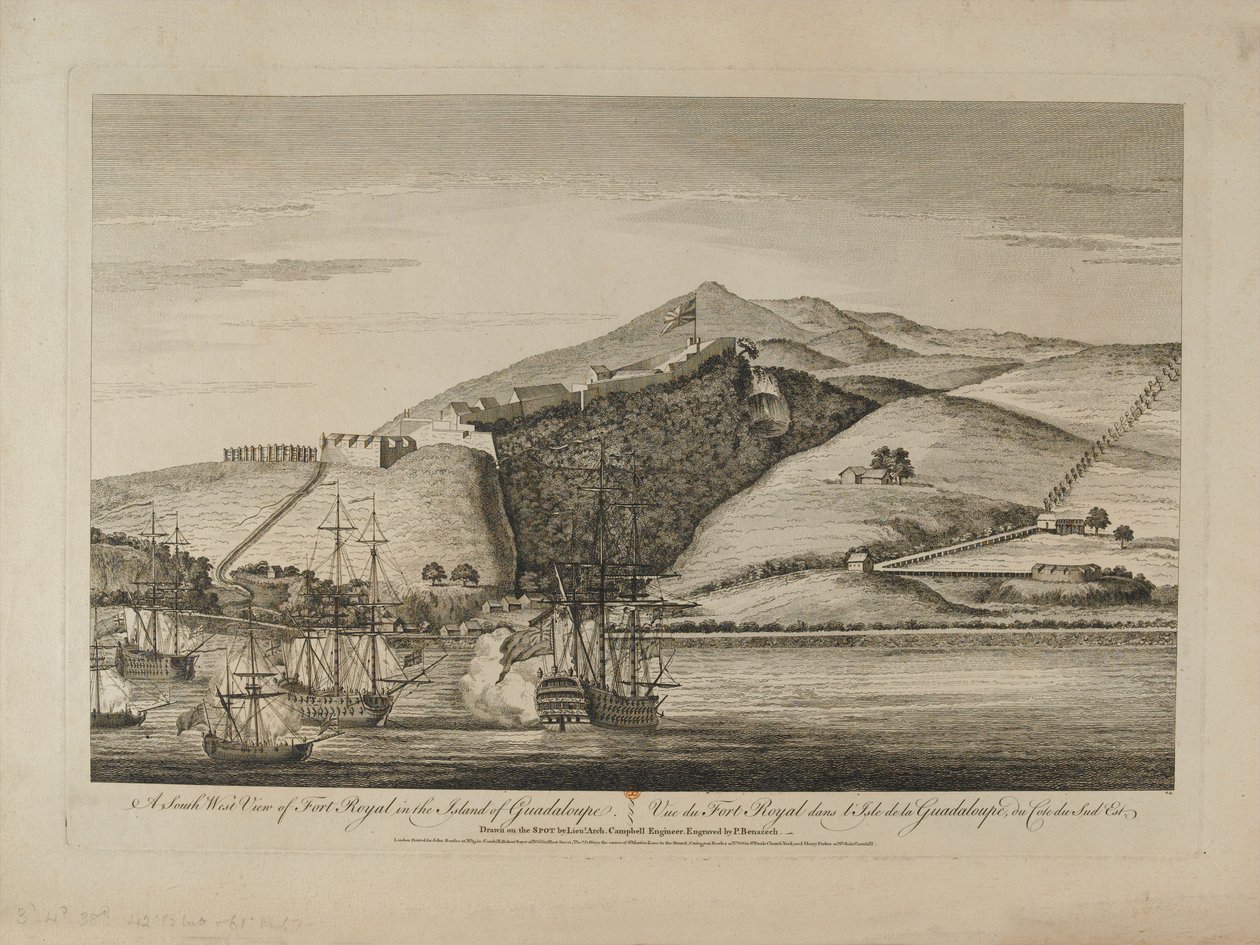 Vista sur del Fuerte Real en la Isla de Guadalupe, circa 1759 de Charles Benazech