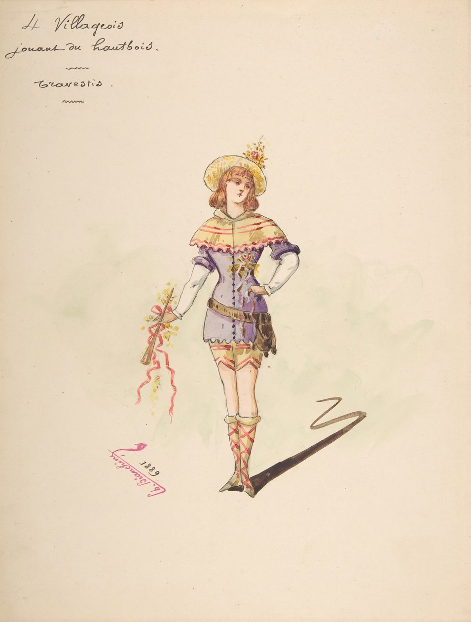 Diseño de Vestuario para 4 aldeanos tocando el oboe, Hoja Descriptiva del Vestuario de Charles Bianchini