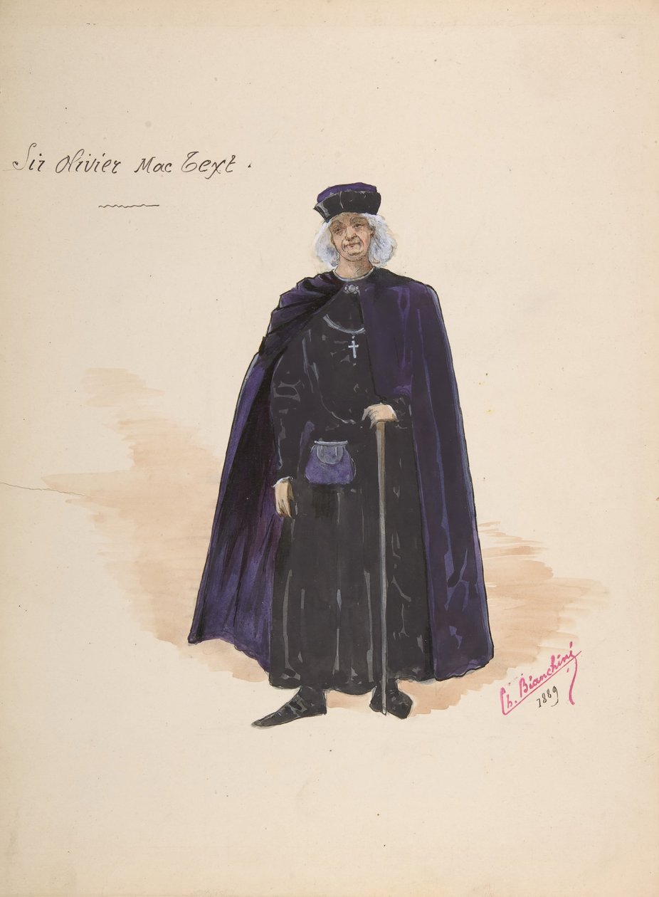 Traje para Sir Olivier McText, hoja descriptiva de accesorios de Charles Bianchini