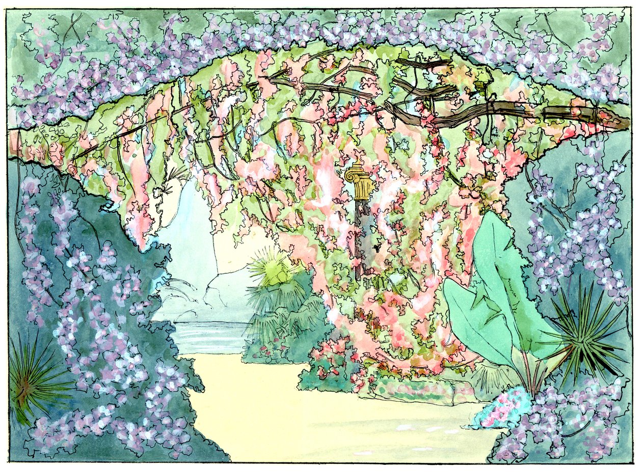 Massenet - Esclarmonde - Decorado de Charles Bianchini - Acto 2, escena 1, Cortina rosa descendiendo - dibujo de G. Stein, 1889 (b) de Charles Bianchini
