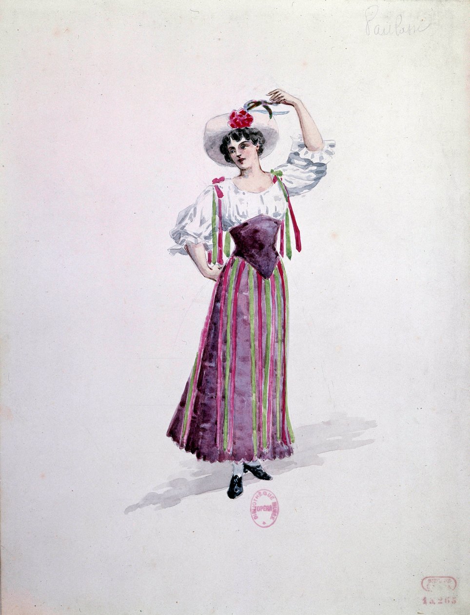 Traje de mujer joven (¿Nedda o Colombina?) para la ópera "Paillasse" (payasos) de Ruggero Leoncavallo (1857-1919) de 1892. Acuarela de Charles Bianchini (1860-1905) de Charles Bianchini
