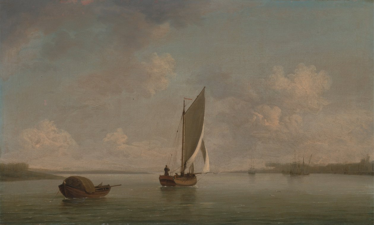 A toda vela con una ligera brisa en un río de Charles Brooking