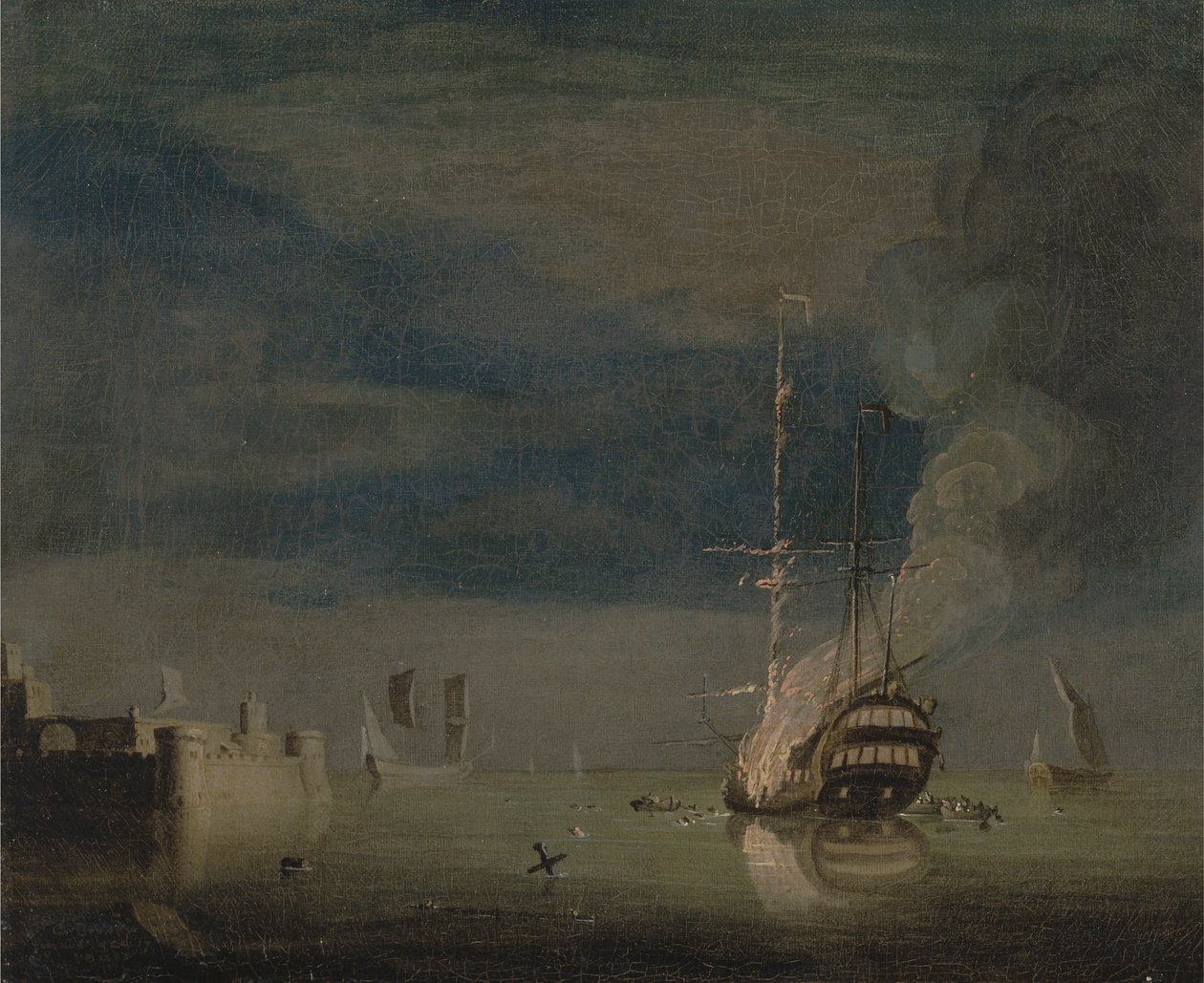 Incendio nocturno de un dos pisos frente a un fuerte de Charles Brooking