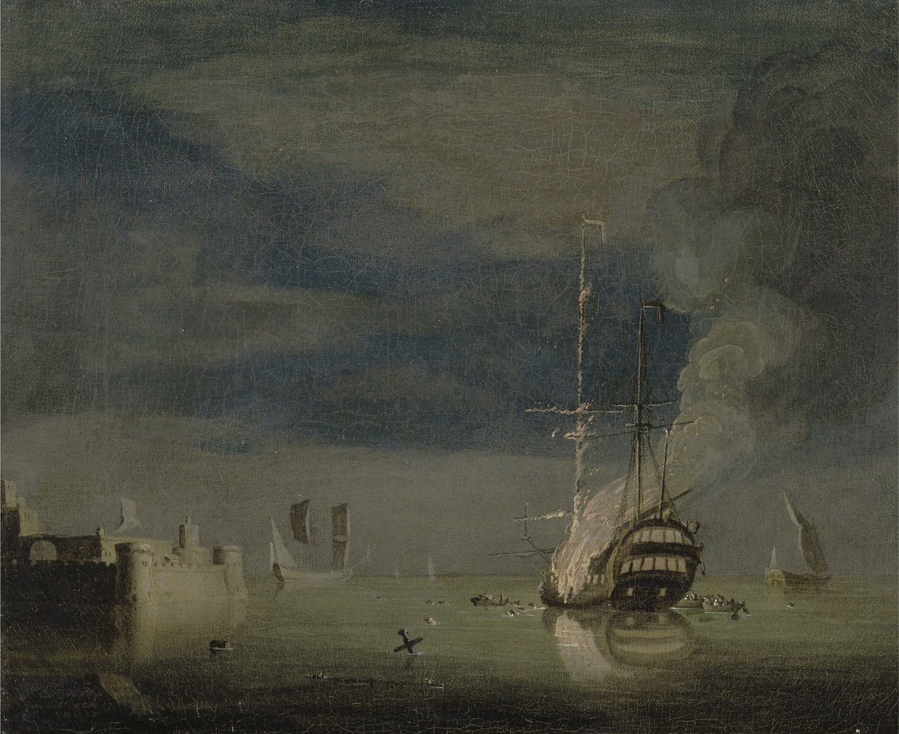 Un barco de dos cubiertas en llamas por la noche frente a un fuerte, c.1740 de Charles Brooking
