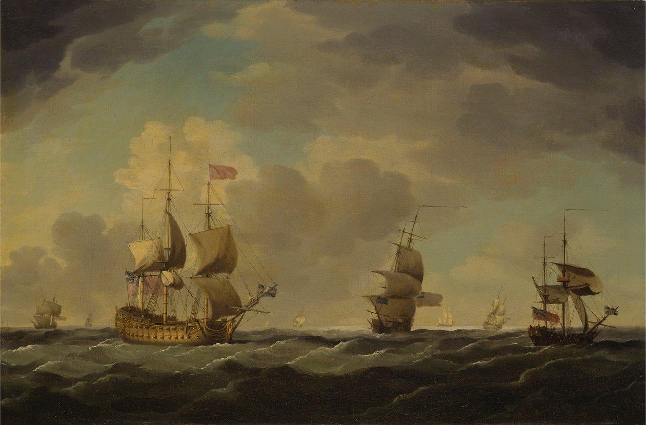 Un buque insignia inglés a vela con viento moderado de Charles Brooking