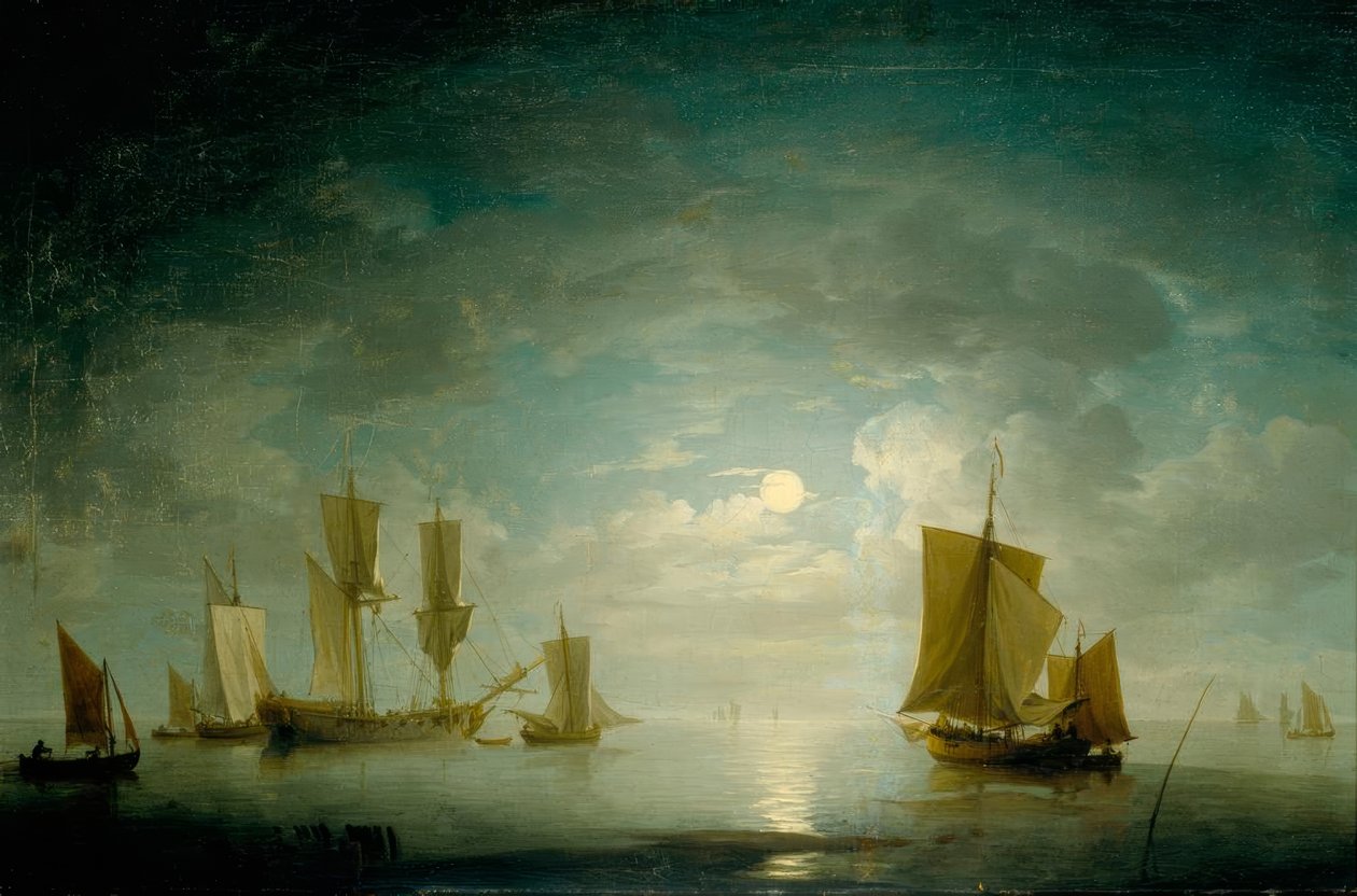 Una fragata inglesa y una embarcación costera calmadas por la luz de la luna de Charles Brooking