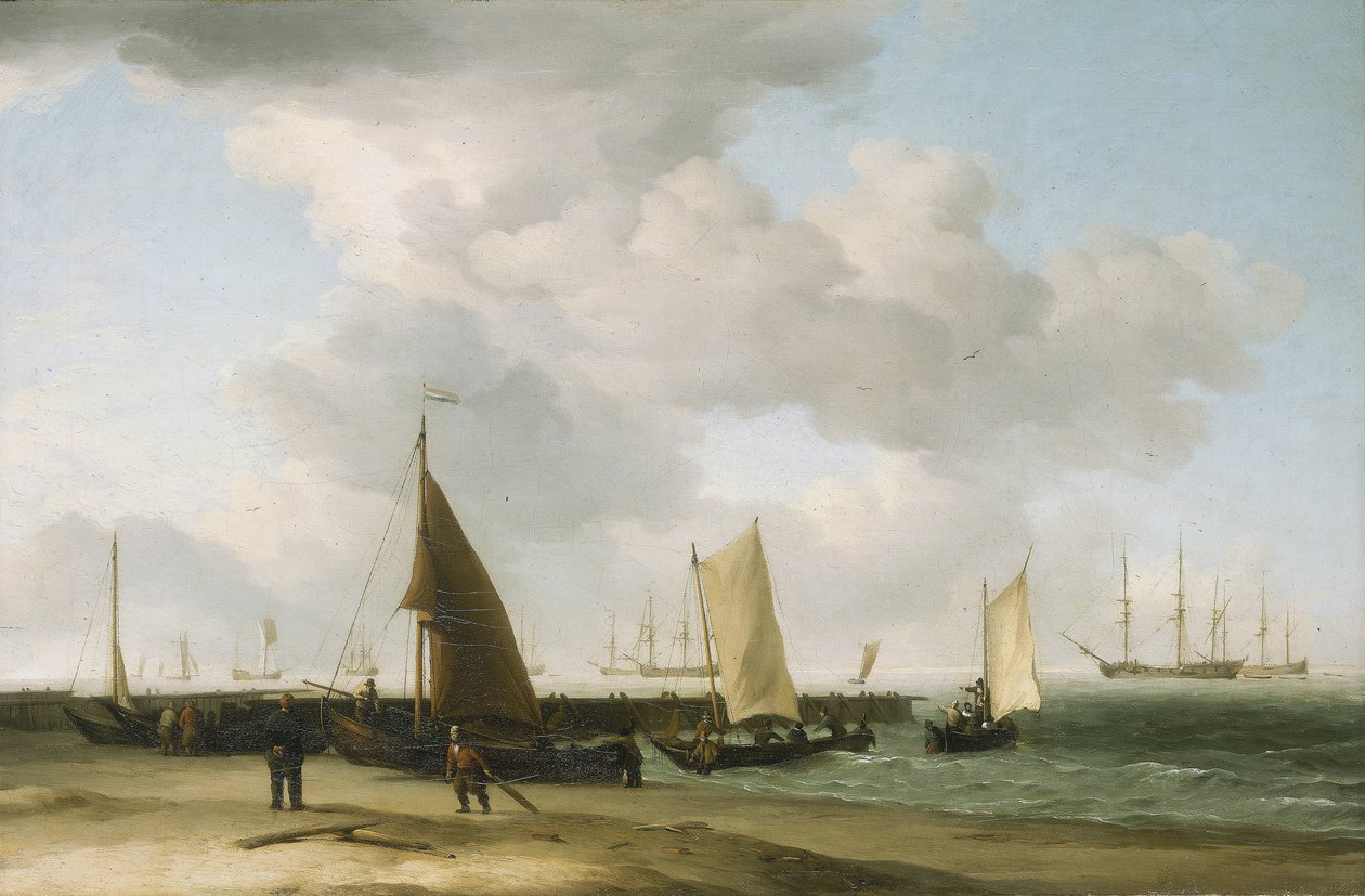 Escena en la orilla, con un edificio bélico en el horizonte. Óleo sobre lienzo de Charles Brooking
