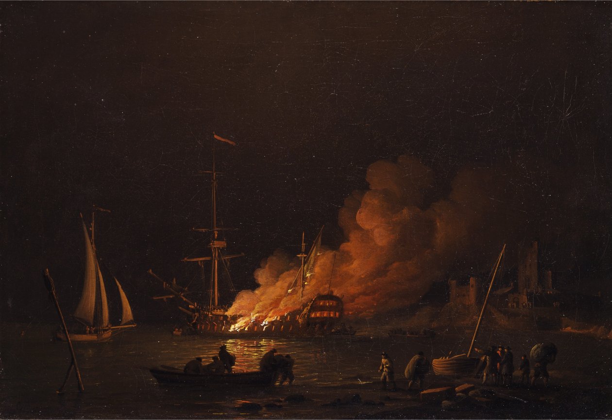 Barco en llamas por la noche de Charles Brooking
