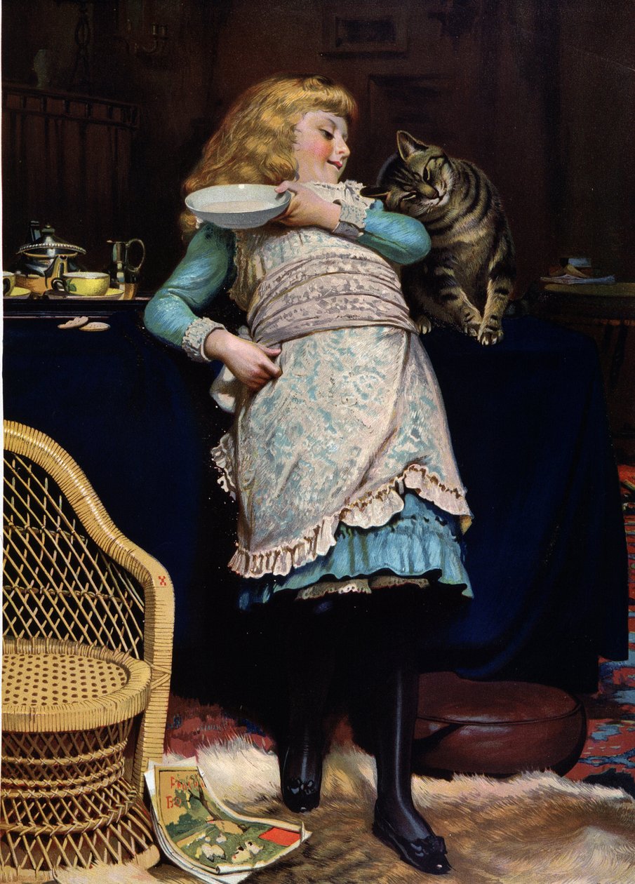 Niño con gato, por Burton Barber, cromo inglés de Charles Burton (after) Barber