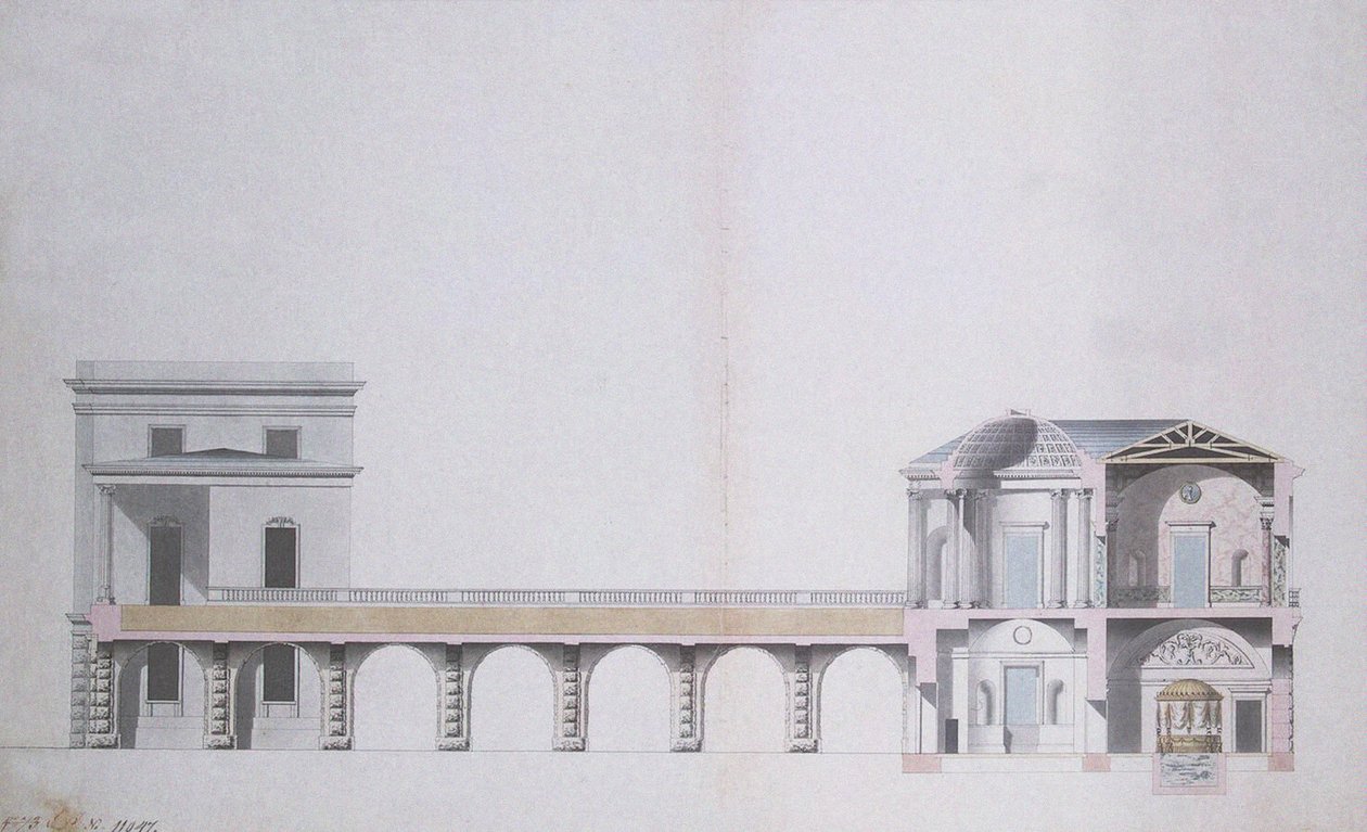 Sección transversal del Pabellón de Ágata y Jardín Colgante en Tsarskoye Selo, c.1780 de Charles Cameron