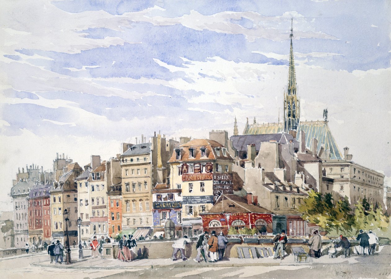 La Sainte-Chapelle y el Palacio de Justicia junto al muelle Pont Saint-Michel". Acuarela. Charles Claude Pyne (1802-1878) Paisajista y pintor de género inglés. París, Francia de Charles Claude Pyne