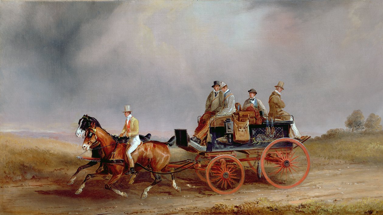 Yendo a cazar; un postillón y un par con un carro de caza de Charles Cooper Henderson