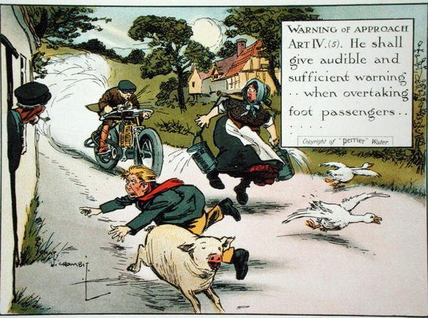 Advertencia de aproximación. Art. IV.(5) Él deberá dar una advertencia audible y suficiente... al adelantar a los peatones, de un libro de reglas de la carretera, publicado c.1905 de Charles Crombie