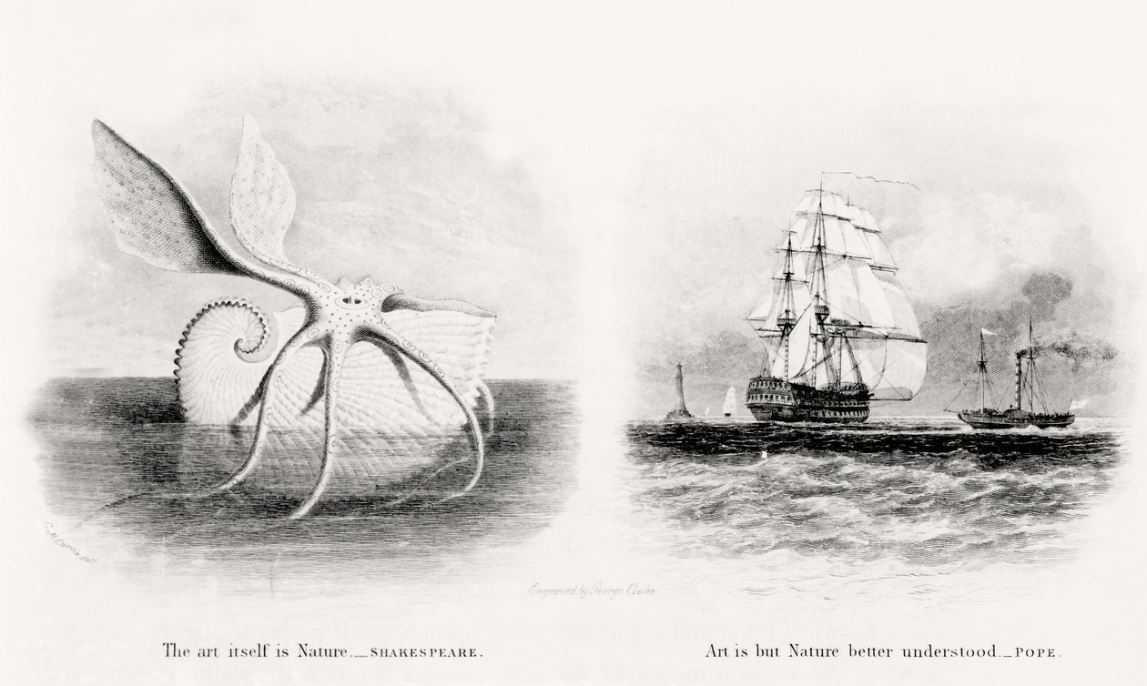 Un calamar gigante y dos barcos en el mar, grabado por George Cooke (1781-1834) de Charles Curtis