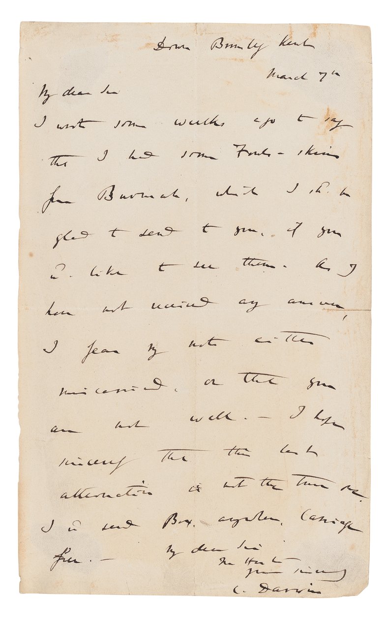 Carta autógrafa firmada de Charles Darwin