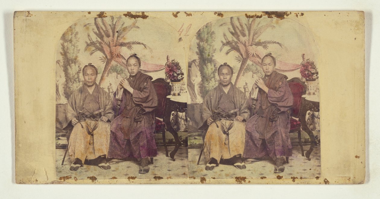Dos miembros de la primera misión diplomática japonesa en Estados Unidos:  Miembro no identificado (I) y Tateishi Onojirō-Noriyuki, intérprete en prácticas (D). de Charles DeForest Fredricks