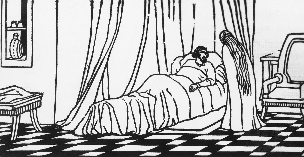 Melisande visitando a Golaud, que está en la cama después de caerse de su caballo, xilografía de Charles Doudelet para Pelleas y Melisande de Maurice Maeterlinck, publicada por Claudio Argentieri, Spoleto, Italia de Charles Doudelet