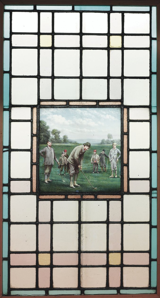 Una ventana de vidrio emplomado de finales de la época victoriana con los golfistas, c. 1890 de Charles Edmund Brock