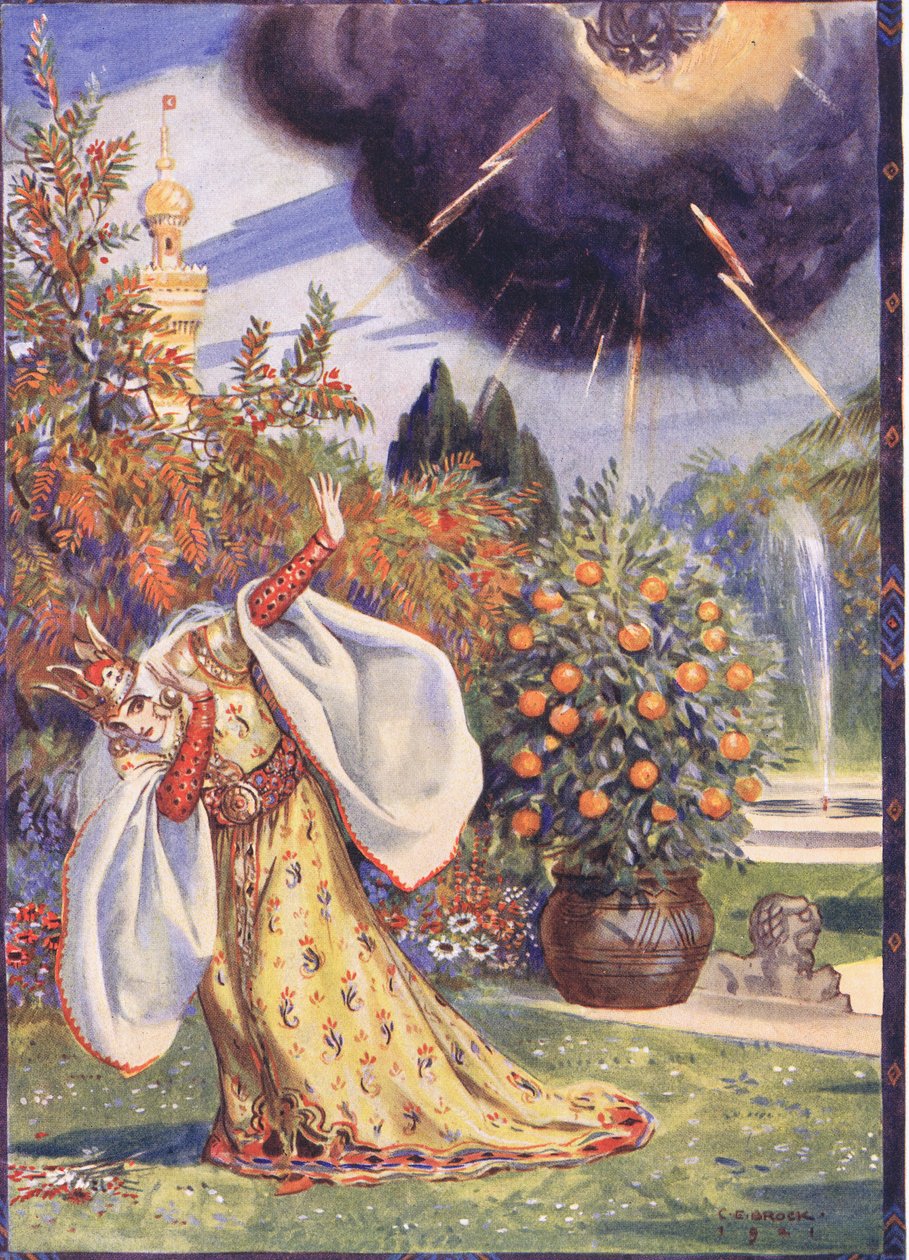 Apareció una nube espesa de la cual salían rayos, escena de Sucna Murga en Cuentos infantiles de leyendas rumanas por Moses Gaster (1856-1939) 1921 de Charles Edmund Brock