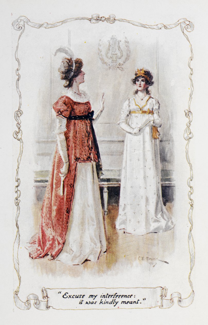 "Disculpe mi interferencia, fue una intención amable", Georgina Darcy a Elizabeth Bennet, ilustración de 
