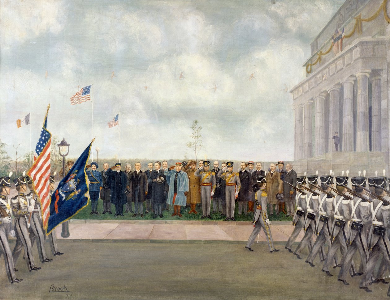 El mariscal Joffre en misión a Washington inspeccionando a los estudiantes de West Point, primavera de 1917, por Charles Edmund Brock (1870-1938), Primera Guerra Mundial, Estados Unidos, siglo XX de Charles Edmund Brock