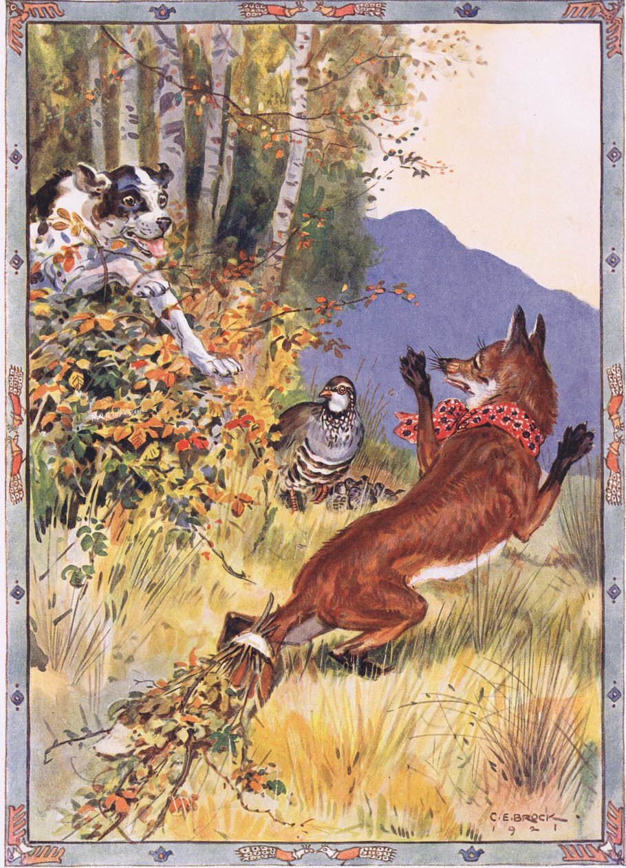 Del arbusto saltó el perro, escena de La Historia de la Perdiz, el Zorro y el Sabueso en Historias Infantiles de Leyendas Rumanas de Moses Gaster (1856-1939) 1921 de Charles Edmund Brock