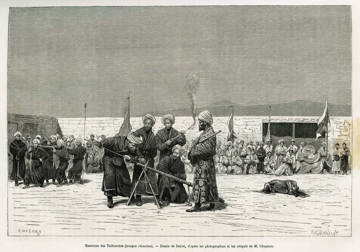 Ejercicios de manipulación de rifles Taifourchi, tropas armadas y entrenadas por los militares chinos, dibujo de Delort, para ilustrar los recuerdos de una embajada inglesa en Kachgar (o Kashi, China) en 1873-74, por Mr. Chapman y Gordon. Grabado en Le tou de Charles Edouard Delort
