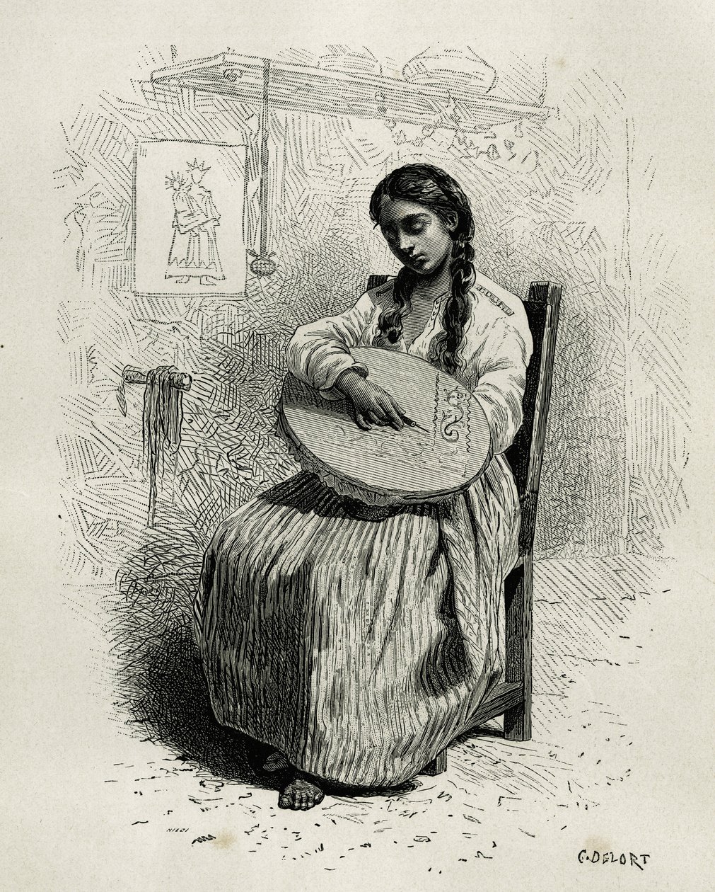 El bordador, en Salento, región de Quindío (Colombia), grabado por Ch.Delort, para ilustrar la historia de América Equinoccial por E.Andre, misión encargada por el gobierno francés, publicado en Le tour du monde, bajo la dirección de Edouard Charton de Charles Edouard Delort