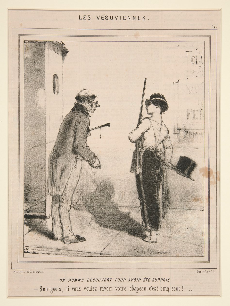 Un hombre descubierto para haber sido sorprendido (Un hombre descubierto por haber sido sorprendido), de la serie Les Vesuviennes publicada en Le Charivari de Charles Edouard de Beaumont