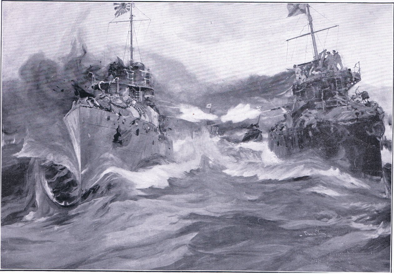 Una pelea entre destructores, ilustración de Cassells History of the Russo-Japanese War Vol 1, c.1900 de Charles Edward Dixon