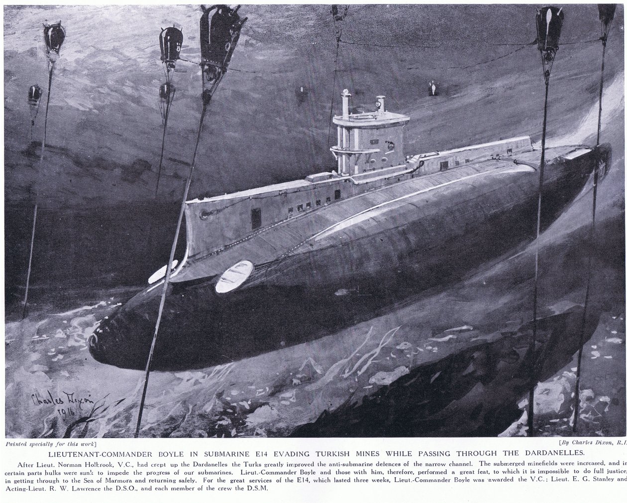 El Teniente Comandante Boyle galardonado con la VC por evadir minas turcas en su submarino al pasar por los Dardanelos 1915 de Charles Edward Dixon