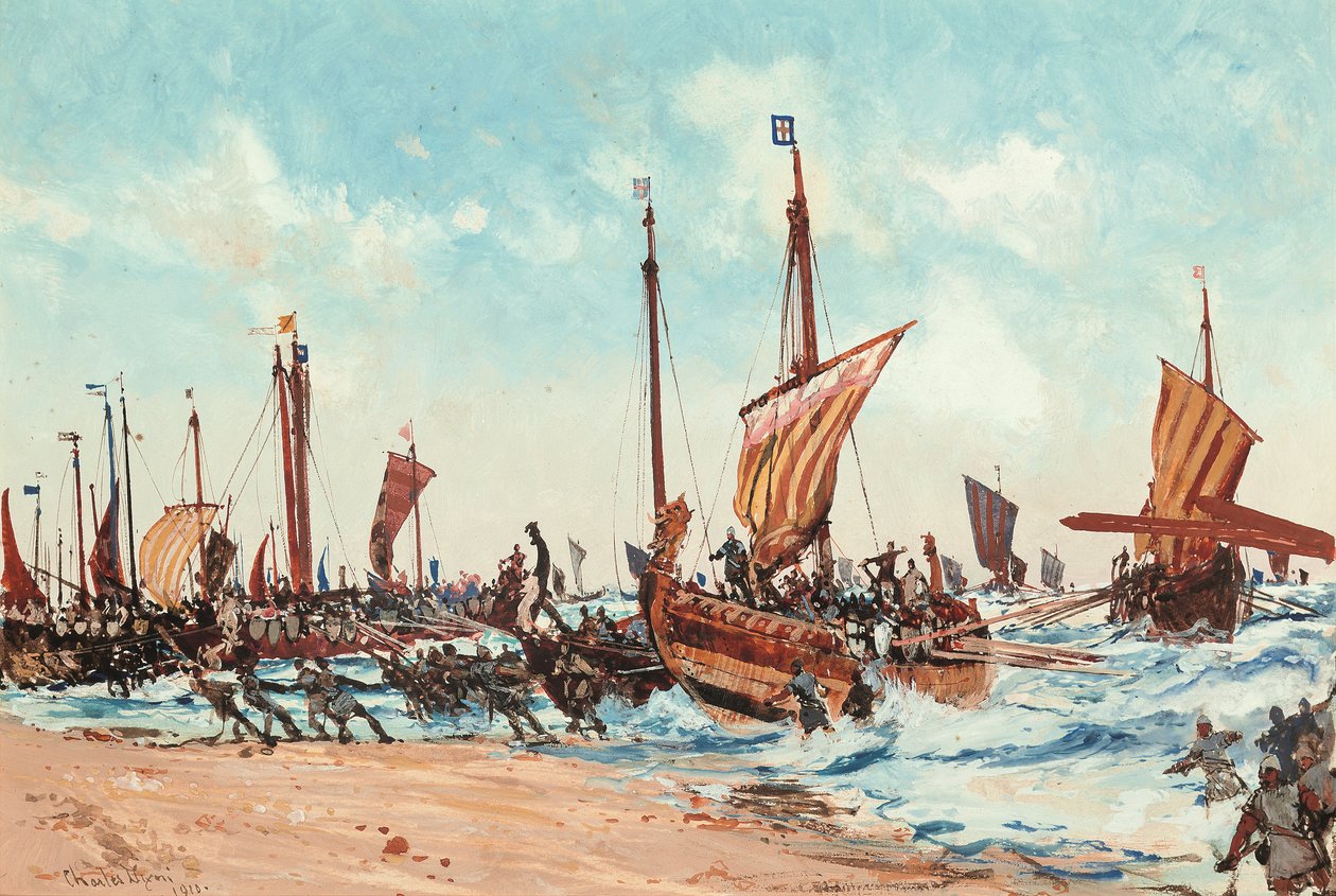 El desembarco de Guillermo el Conquistador en Hastings, el 28 de septiembre de 1066. de Charles Edward Dixon