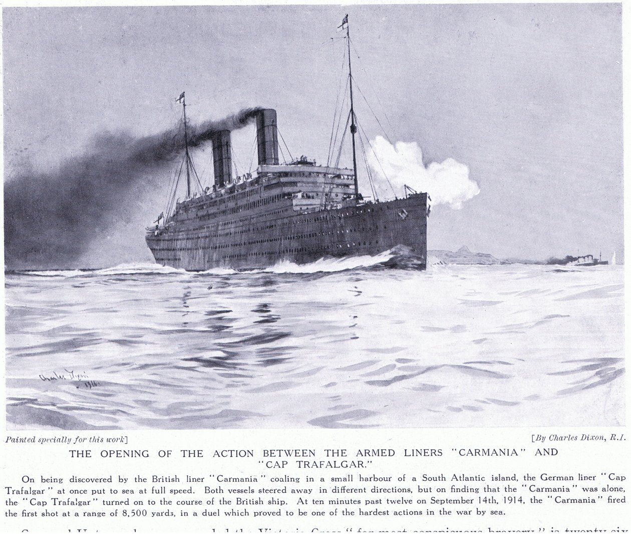 La acción inicial entre los buques armados Carmania y Cap Trafalgar, Atlántico Sur, septiembre de 1915 de Charles Edward Dixon