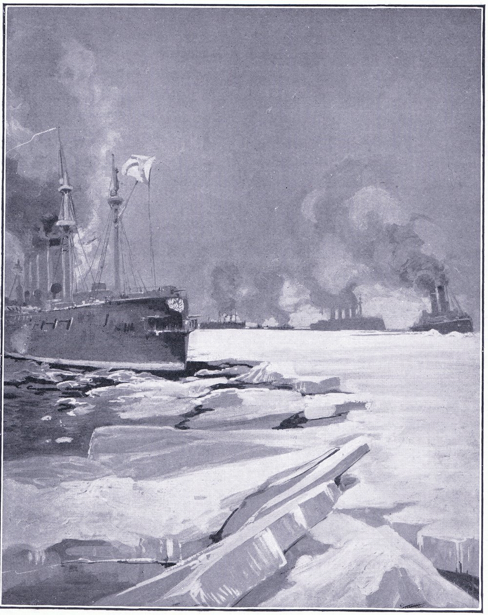 Escuadrón de Vladivostok forzando su salida a través del hielo del puerto de Vladivostok, ilustración de la Historia de la Guerra Ruso-Japonesa de Cassell Vol 1, c.1900 de Charles Edward Dixon