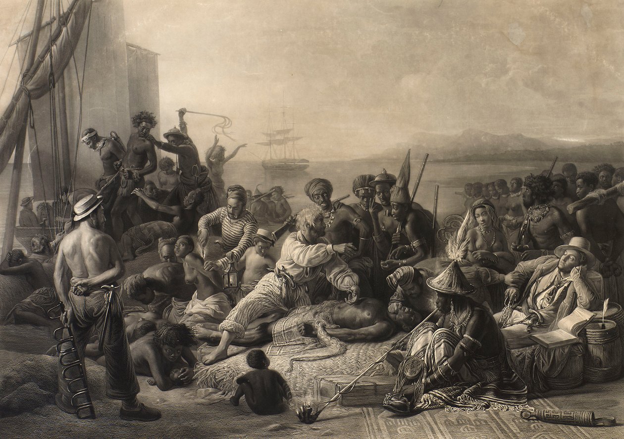 Escena en la costa de África": esclavos y amos esperan ser transportados al extranjero. de Charles Edward Wagstaff