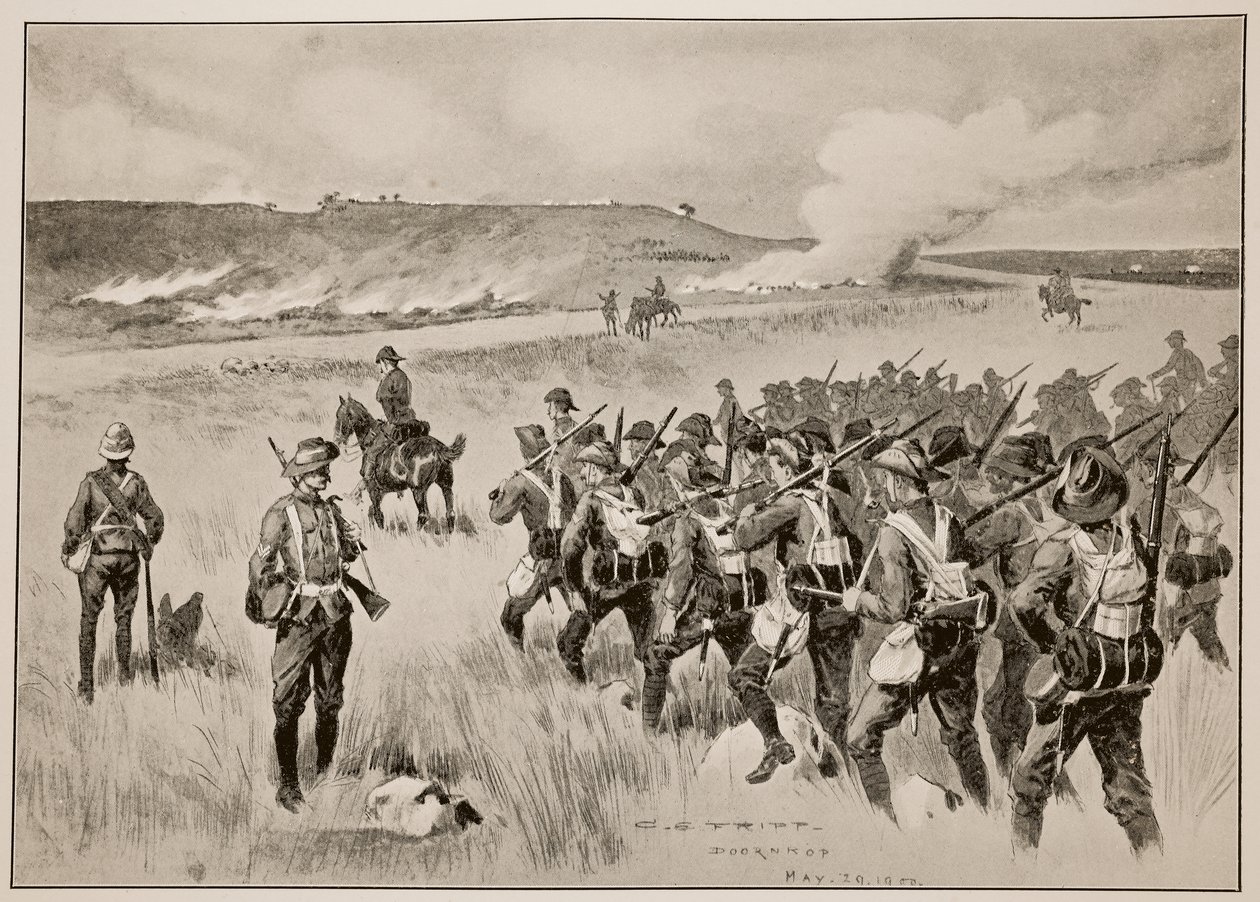 Los Voluntarios Imperiales de la Ciudad de Londres apoyando el flanco izquierdo del General Hamilton en la acción en Doornkop el 29 de mayo de 1900 de Charles Edwin Fripp