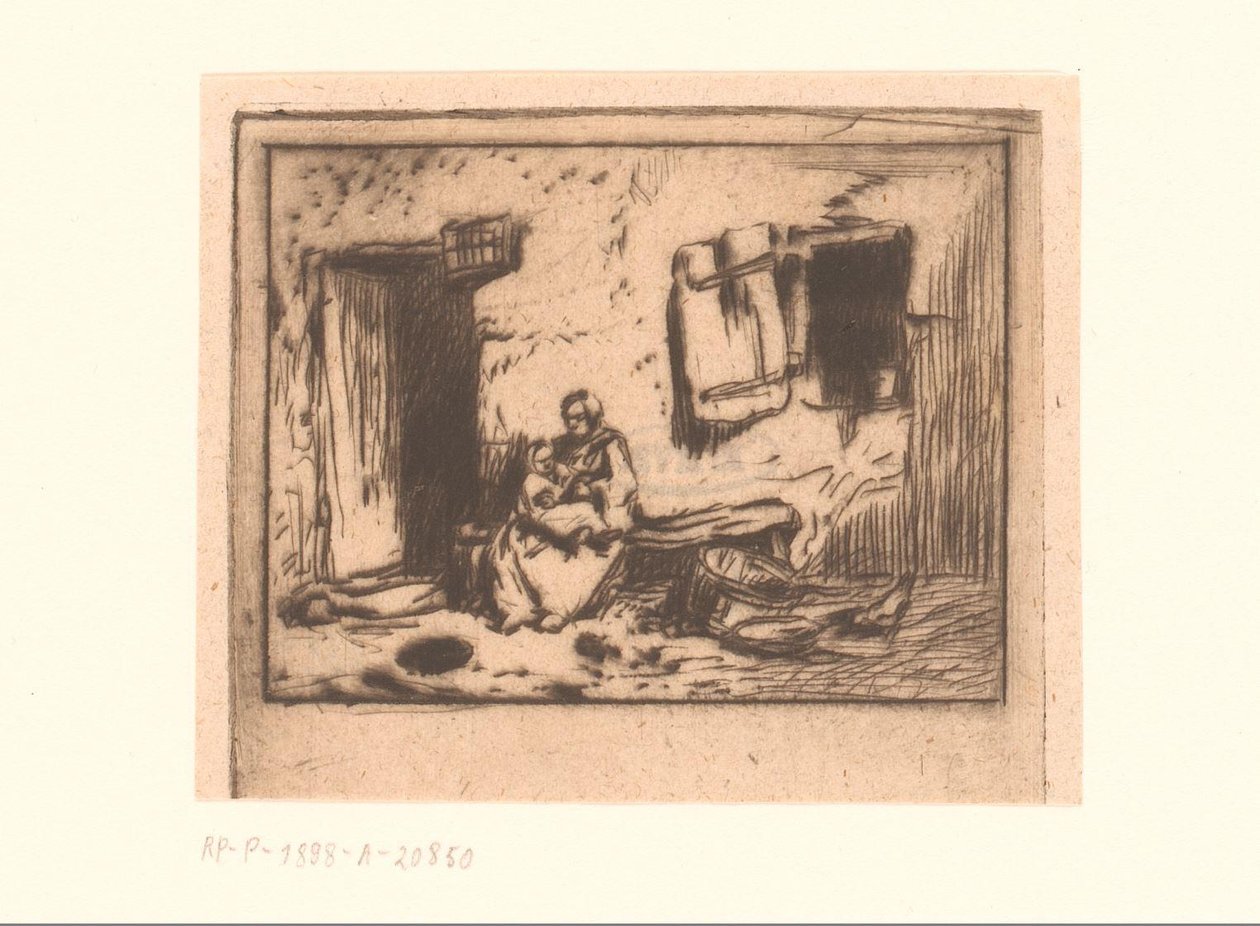 Mujer con niño en un banco contra una fachada de Charles Emile Jacque (attributed to)