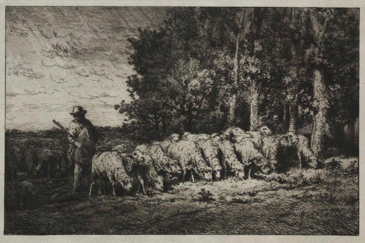 Un rebaño al borde de un bosque, 1880 de Charles Emile Jacque