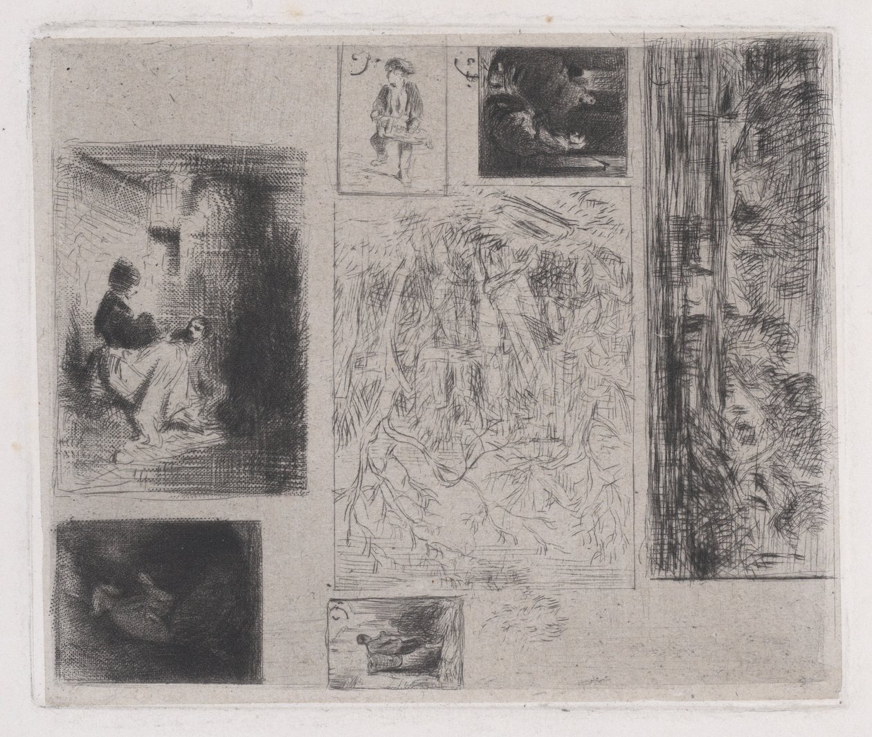 Placa compuesta: Mujer y niños, Viejo músico, Comerciante friendo, Paisaje de Charles Emile Jacque